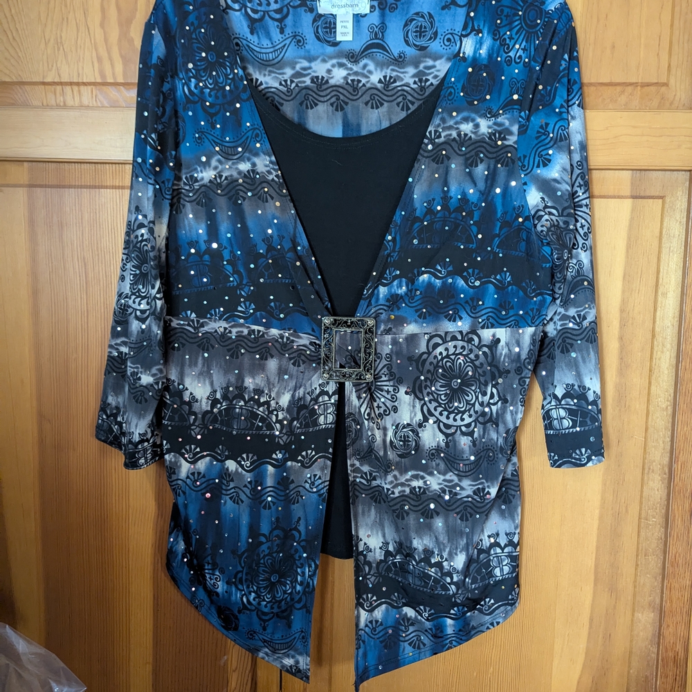 Black Blue Sequin Sparkly Club Top Shirt XL